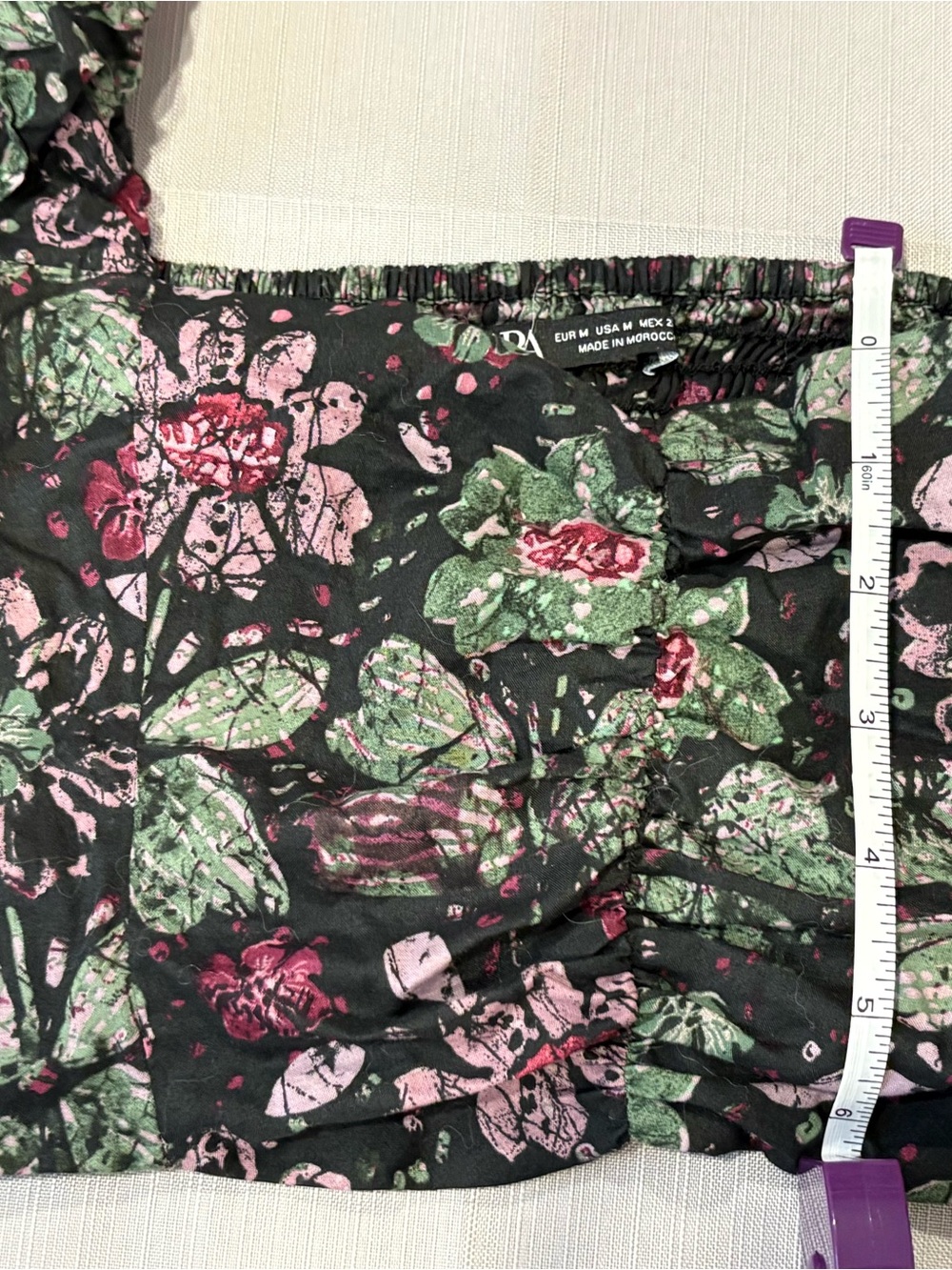 Zara Black Floral Puff-Sleeve Crop Top with Pink & Green Accents #1029 - Picture 9 of 9